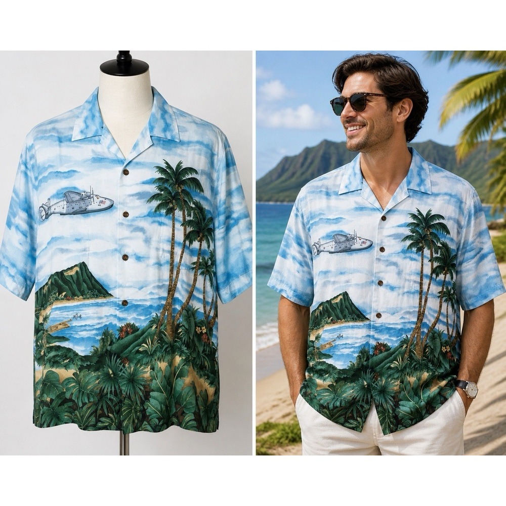 Tori Richard Hawaiian Shirt‎ Mens XL Airplane Beach Scene Aloha Camp Tropical